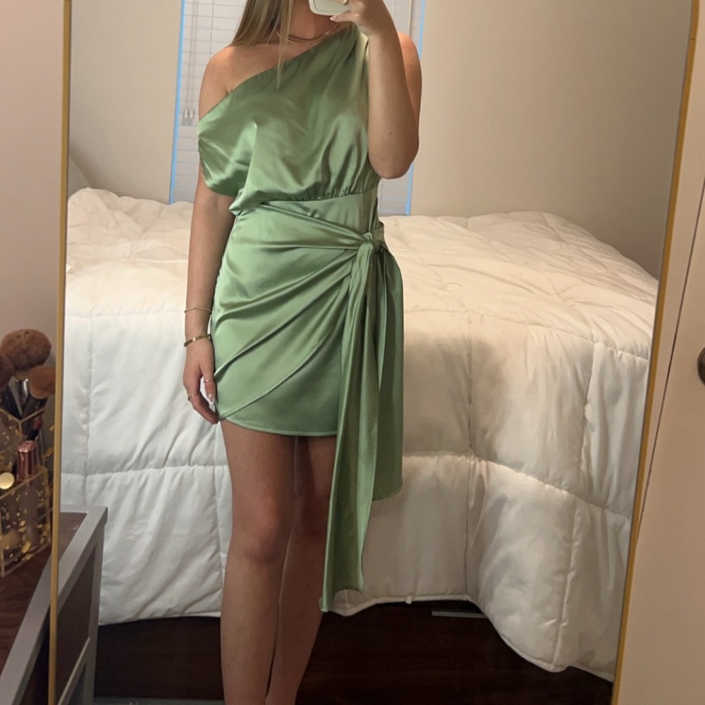 RNWY size small shimmer light green off the shoulder dress